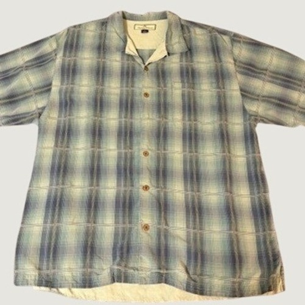 Tommy Bahama Mens XL Silk Plaid Short Sleeve Button Down Camp Shirt Blue Green